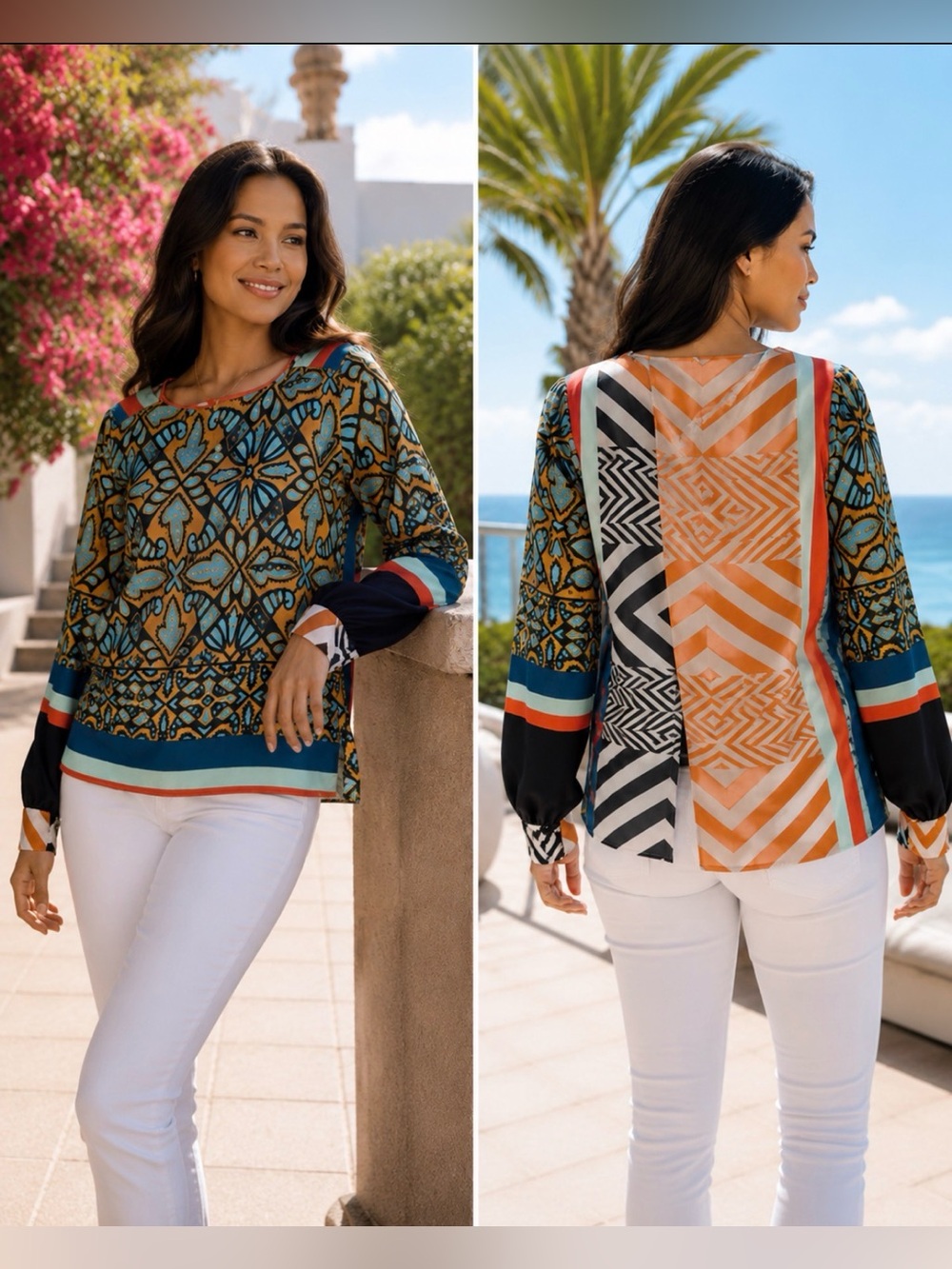 Clover Canyon Silk Split Back Floral Chevron Printed Top Long Sleeve Small